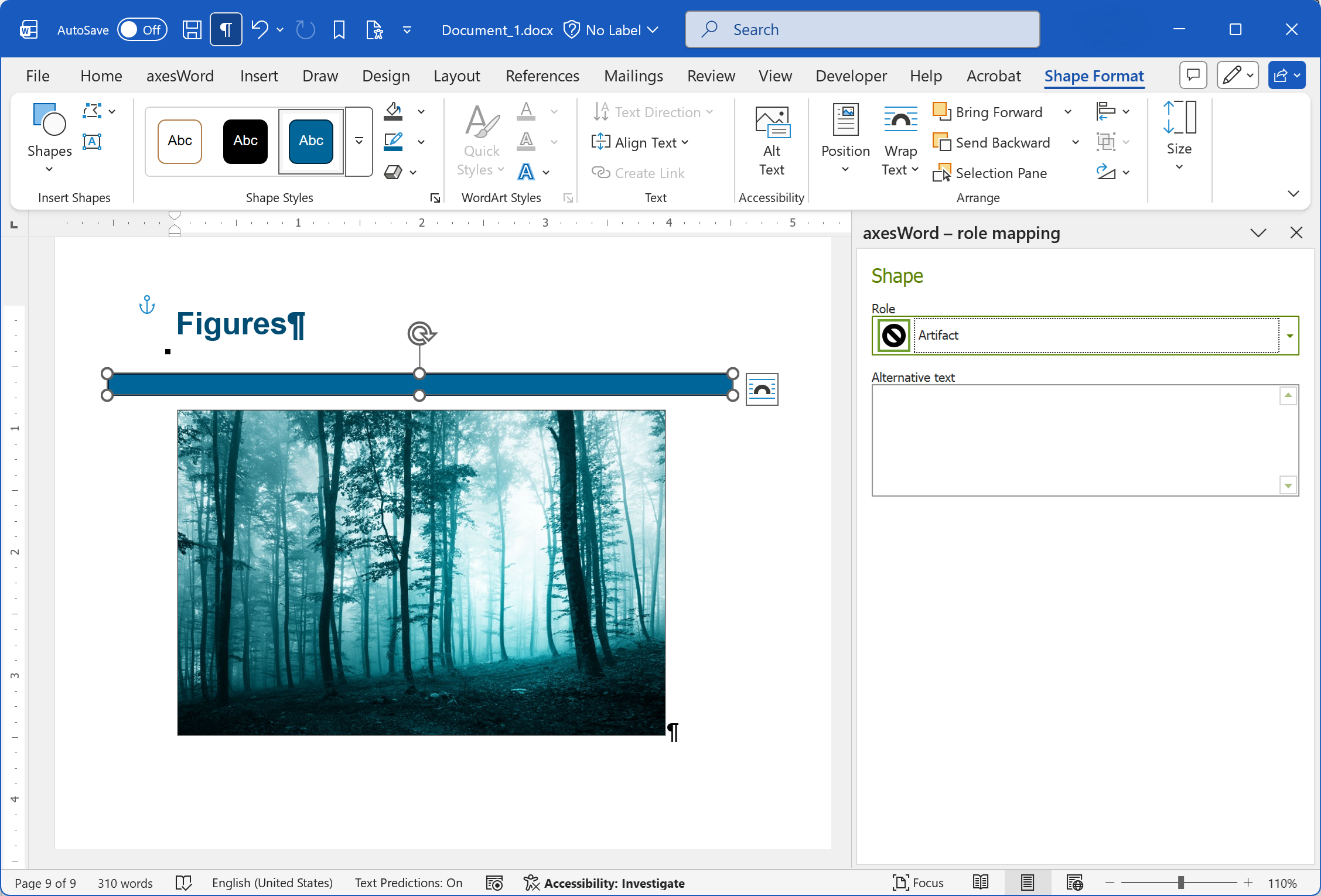 Word window with a figure; 'Artifact' role is set in the 'axesWord - role mapping' task pane