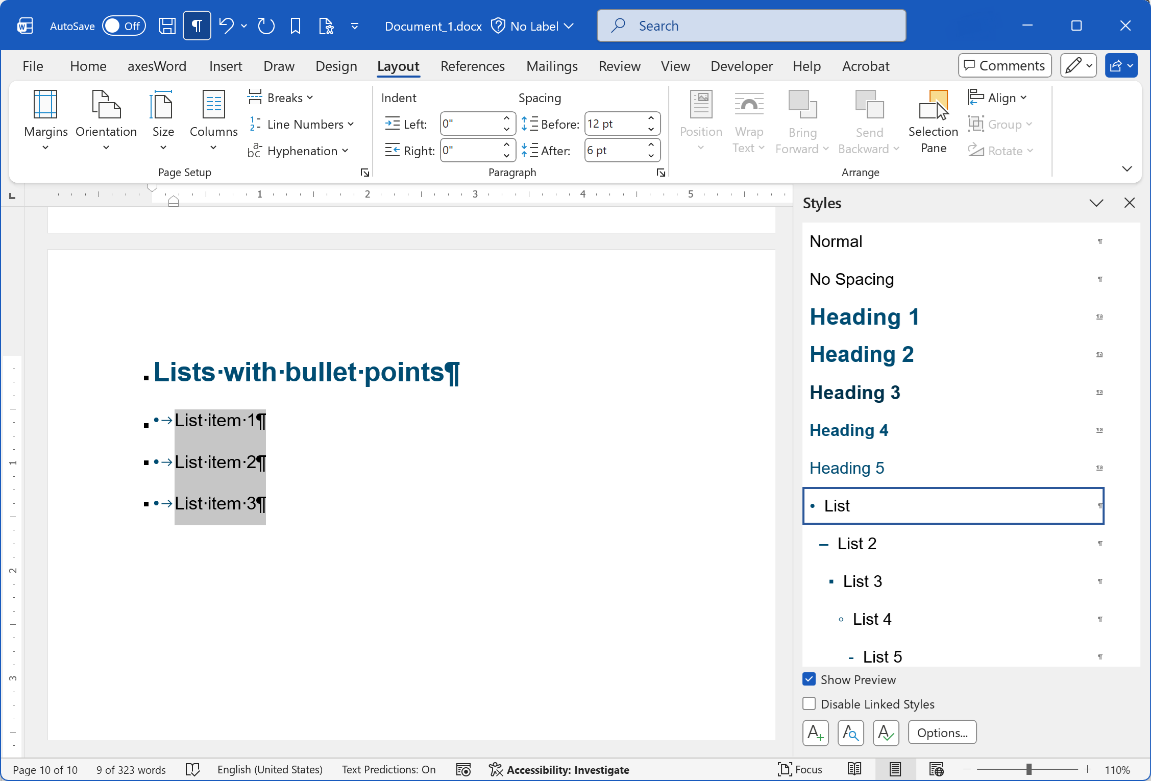 Word window with a bullet point list