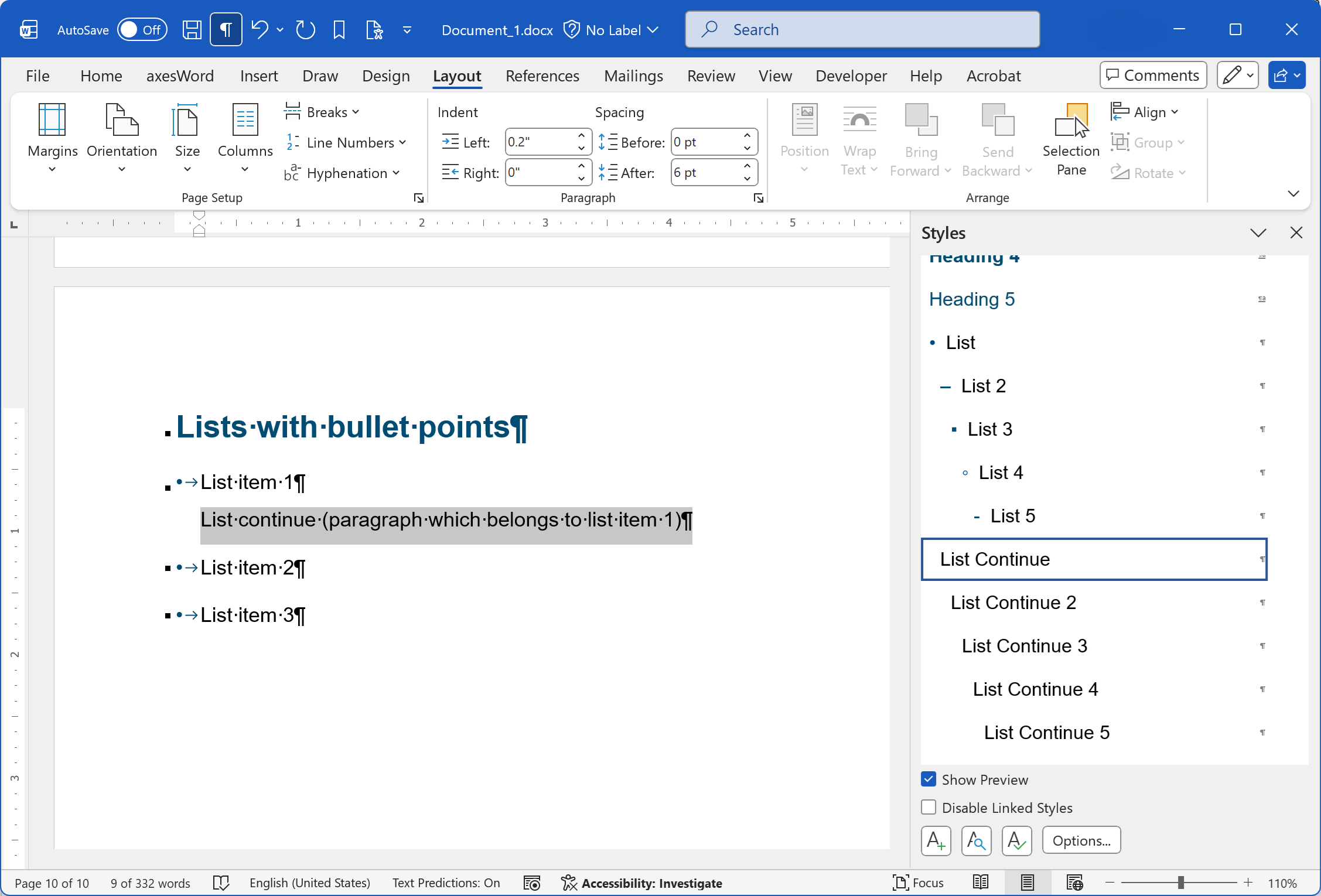 Word window with a bullet point list and a list continue paragraph