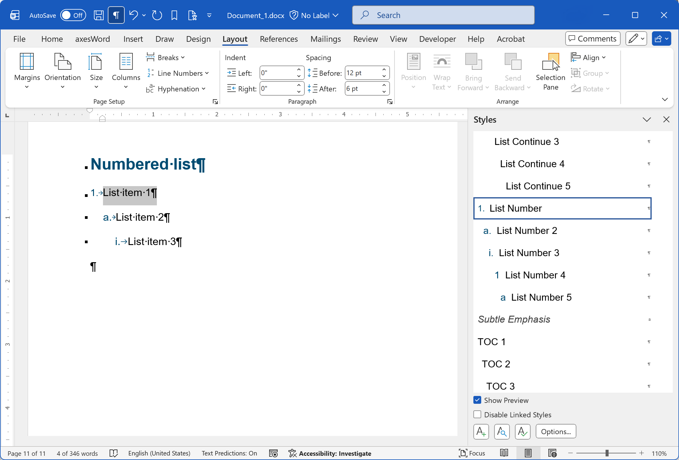 Word window with a multilevel list