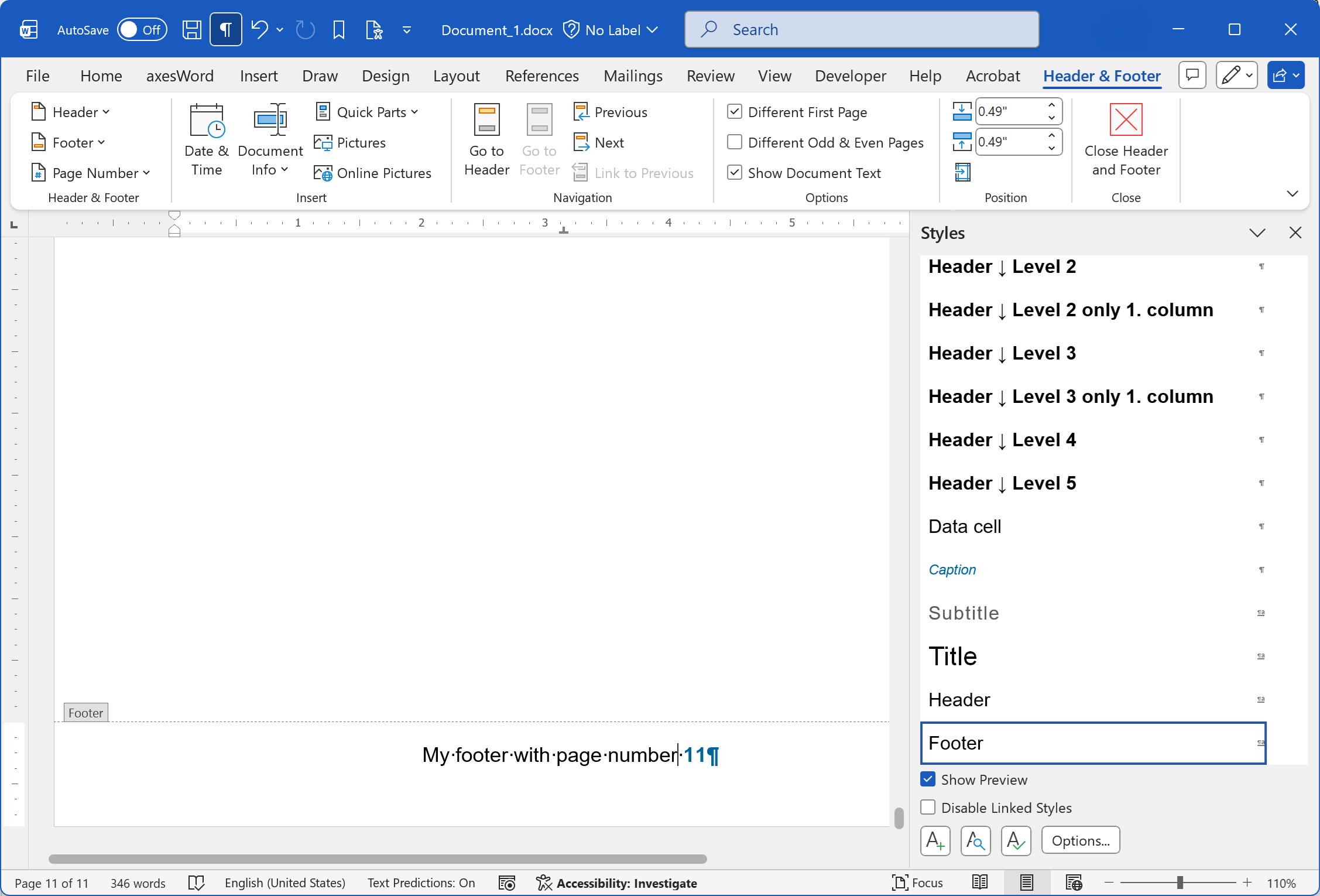 Word window, footer area is active