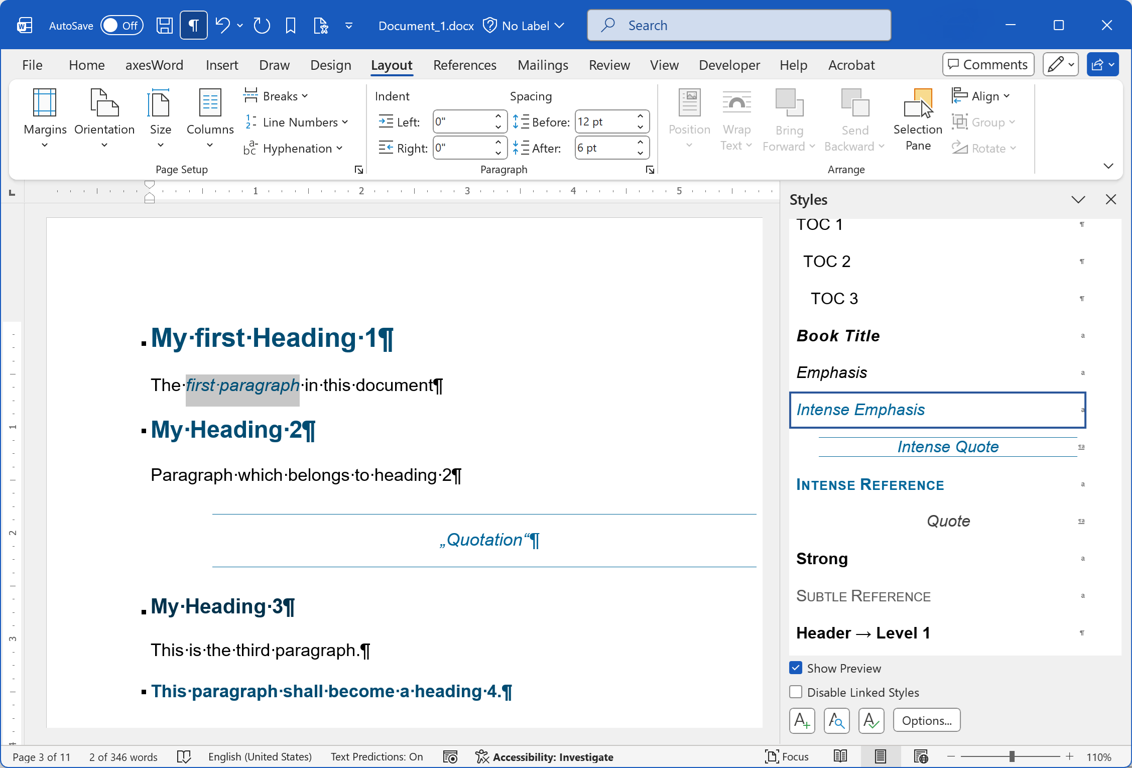 Word window with headings and paragraphs; two words are selected and formatted with character style 'Intense Emphasis'