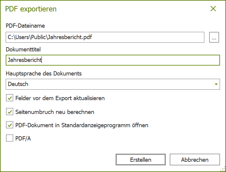 Dialogfenster: PDF exportieren
