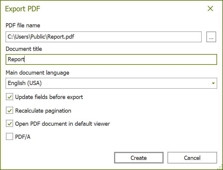Dialogue box: Export PDF