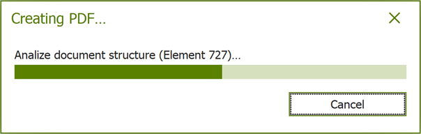 Dialogue box 'Creating PDF...': Analize document structure