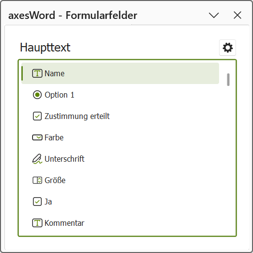 Aufgabenbereich 'Formularfelder': Anzeige der QuickInfo der Formularfelder