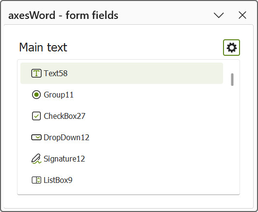 'axesWord - form fields' task pane: Names of form fields are displayed