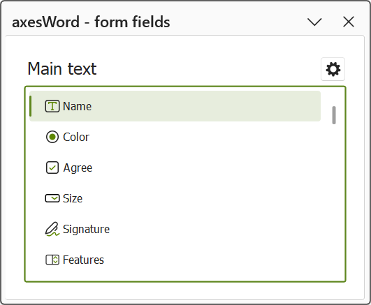 'axesWord - form fields' task pane: Tooltips of form fields are displayed