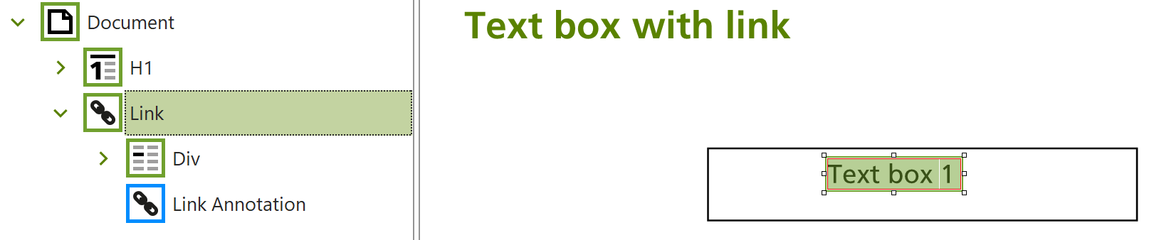 LOgical structure of text box with link: a 'Div' tag and a link annotation is nested within a 'Link' tag