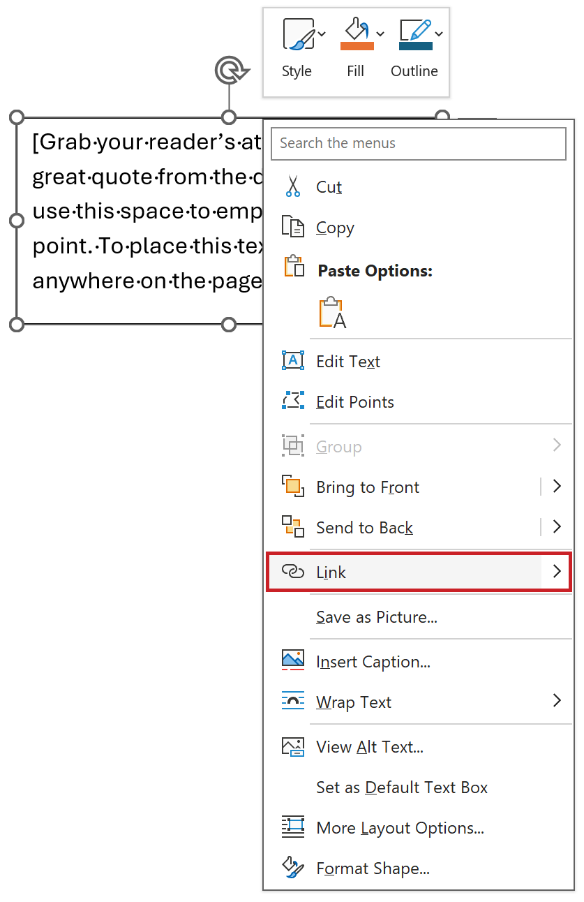 Word document view: Text box with context menu, highlight on 'Link'