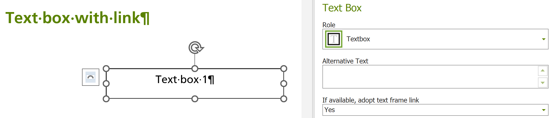 Word with textbox; 'Adopt text frame link' option is set to 'Yes'