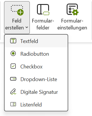 Dropdown-Menü der Schaltfläche 'Feld erstellen'