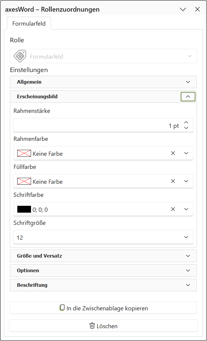 Aufgabenbereich 'axesWord - Rollenzuordnungen': Optionengruppe 'Erscheinungsbild' eines Textfelds