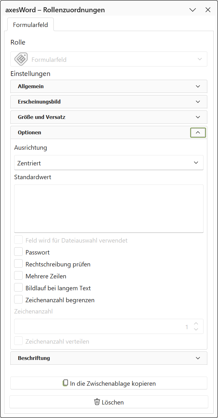 Aufgabenbereich 'axesWord - Rollenzuordnungen': Optionengruppe 'Optionen' eines Textfelds