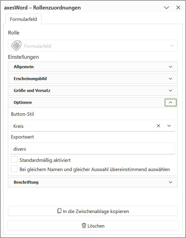 Aufgabenbereich 'axesWord - Rollenzuordnungen': Optionengruppe 'Optionen' eines Radiobuttons