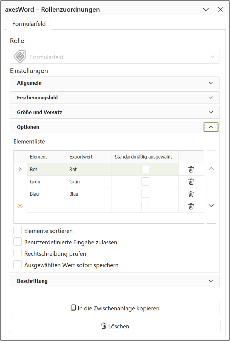 Aufgabenbereich 'axesWord - Rollenzuordnungen': Optionengruppe 'Optionen' einer Dropdown-Liste