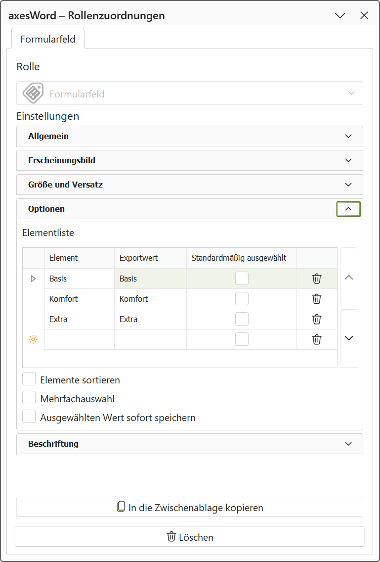 Aufgabenbereich 'axesWord - Rollenzuordnungen': Optionengruppe 'Optionen' eines Listenfelds