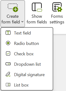 Dropdown menu of 'Create form field' button