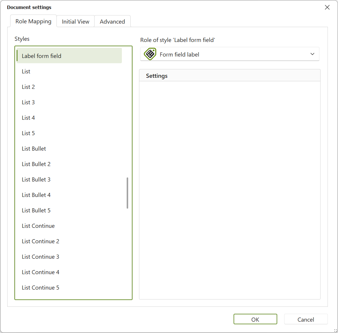 'Document settings' dialogue box: the style 'Label form field' has role 'Form field label'