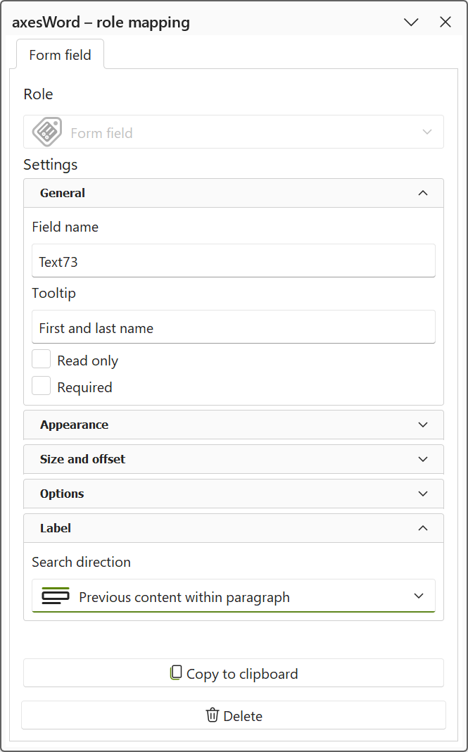 'axesWord - role mapping' pane: Search direction for form field label is set to 'Previous content within paragraph'