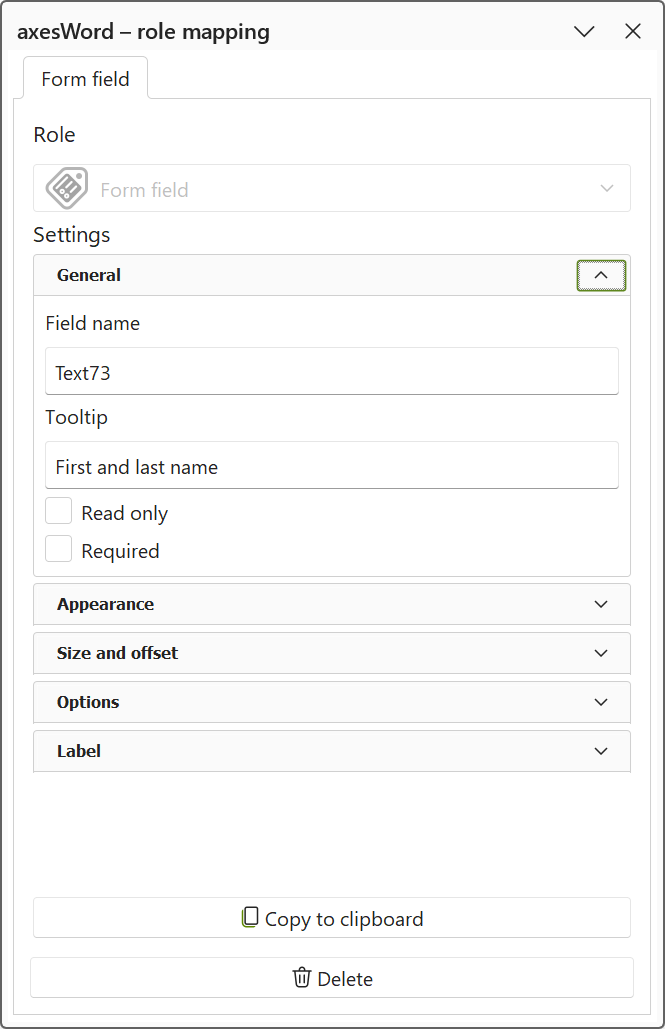 'axesWord - role mapping' pane: property group 'General' for text field