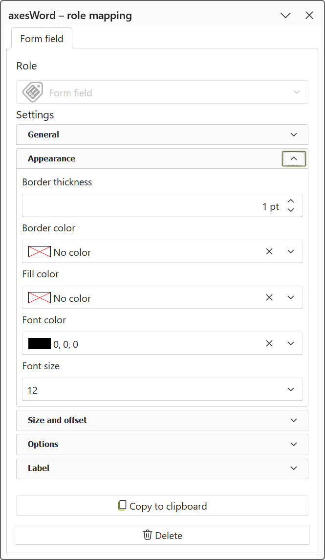 'axesWord - role mapping' pane: property group 'Appearance' for text field