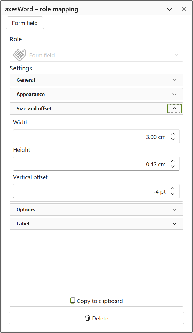 'axesWord - role mapping' pane: property group 'Size and offset' for text field