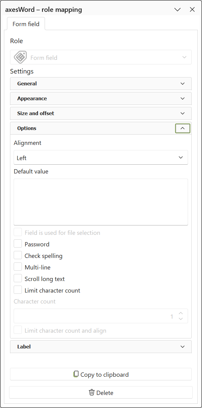 'axesWord - role mapping' pane: property group 'Options' for text field