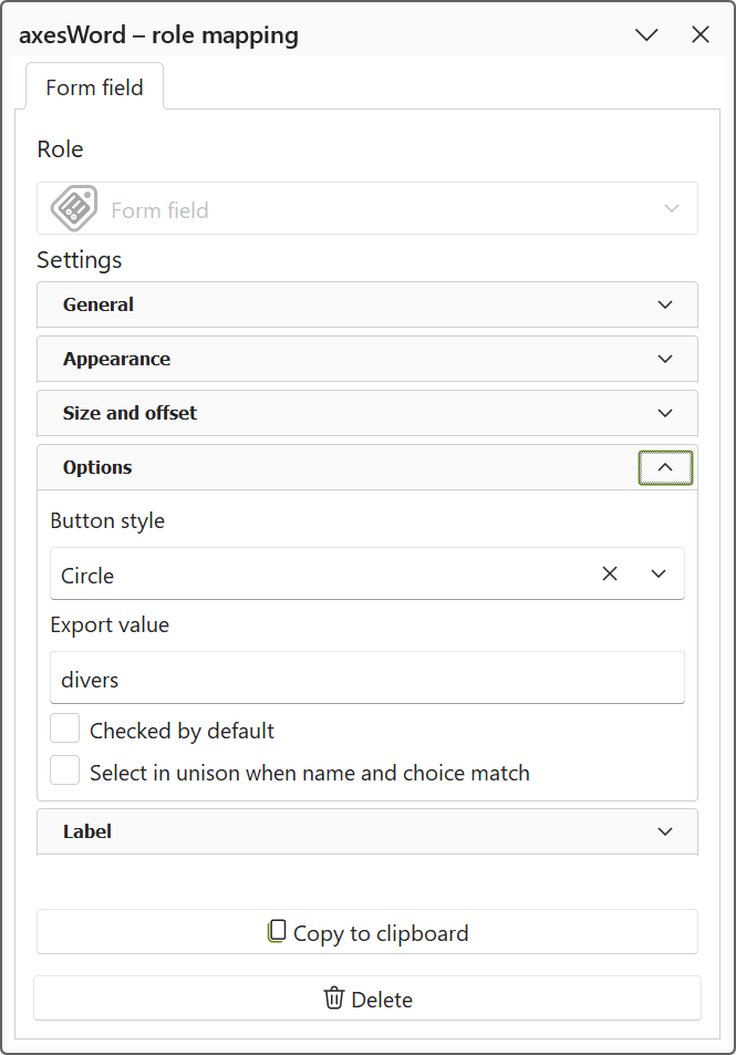 'axesWord - role mapping' pane: property group 'Options' for radio button