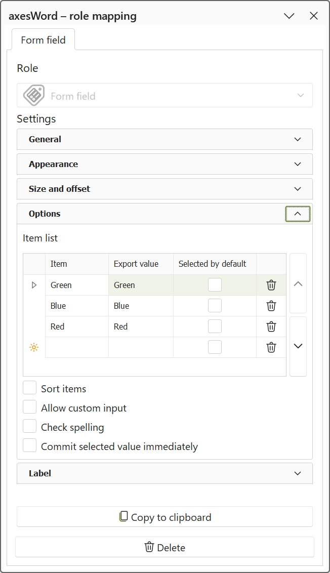 'axesWord - role mapping' pane: property group 'Options' for dropdown list