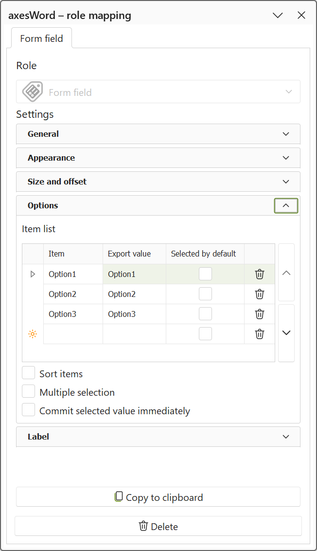 'axesWord - role mapping' pane: property group 'Options' for list box