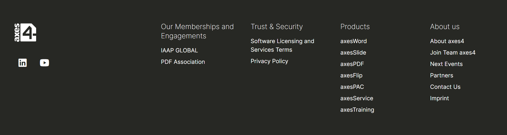 Screenshot: Footer of the support website with black background and the four categories: Our Memberships and Engagements, Trust & Security, Products and About Us.