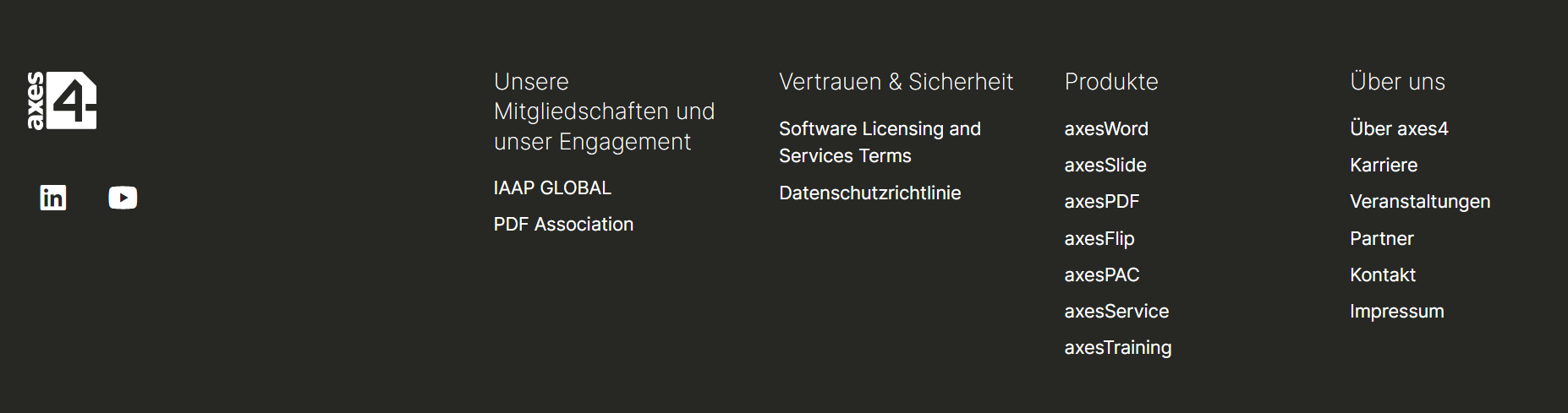 Screenshot: Footer der Support-Website mit schwarzem Hintergrund und den vier Kategorien: Unsere Mitgliedschaften und Engagement, Vertrauen & Sicherheit, Produkte und Über uns.