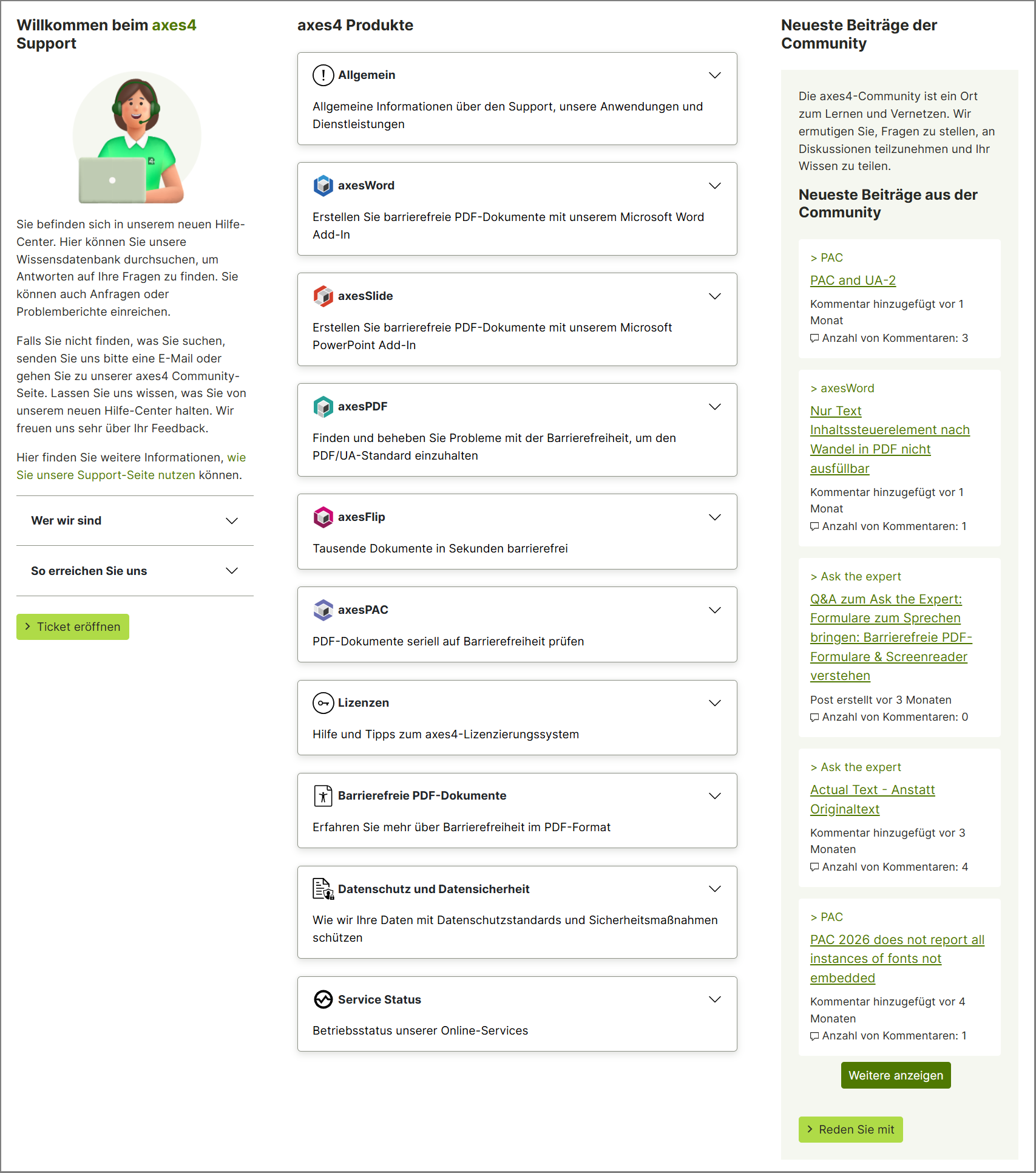 Screenshot: Startseite mit drei Spalten. Von links nach rechts: Willkommen beim axes4 Support, axes4 Produkte und Neueste Beiträge der Community.