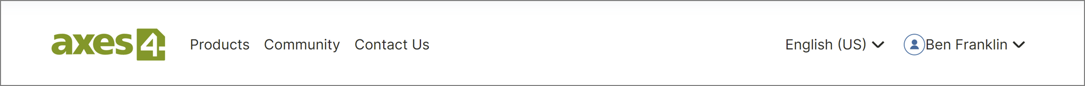 Screenshot: main navigation bar at the top. On the left side: axes4 logo and the sections Products, Community and Contact Us. On the right side: Language Selection and personal account area.
