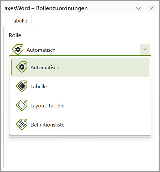 axesWord - Rollenzuordnungen: Menü aller Rollen für eine Tabelle