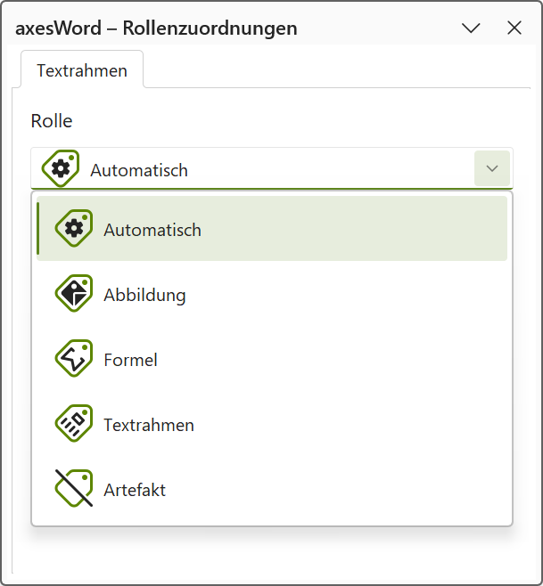 axesWord - Rollenzuordnungen: Menü aller Rollen für einen Textrahmen