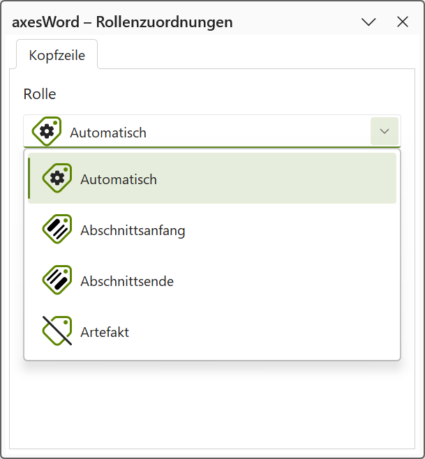 axesWord - Rollenzuordnungen: Menü aller Rollen für eine Kopfzeile