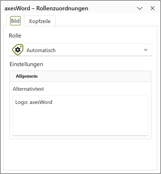 axesWord - Rollenzuordnungen: Bild in Kopfzeile ist selektiert; die Registerkarten 'Bild' und 'Kopfzeile' sind vorhanden width=