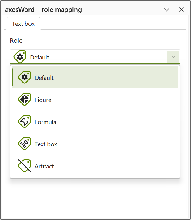 task pane 'axesWord-Rolemapping' of a text box; drop-down menu is open