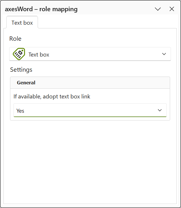 task pane 'axesWord-Rolemapping' of a text box; drop-down menu to adopt link in PDF is open
