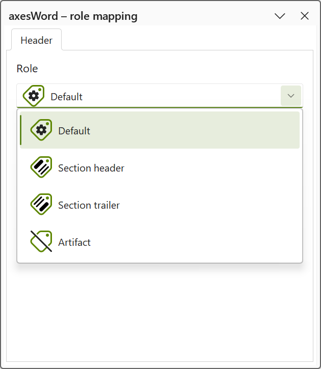 task pane 'axesWord-Rolemapping' of a header; drop-down menu is open