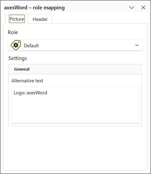 task pane 'axesWord-Rolemapping': a figure in a header was selected; the tabs 'Picture' and 'Header' are visible; alternative text of the figure was entered