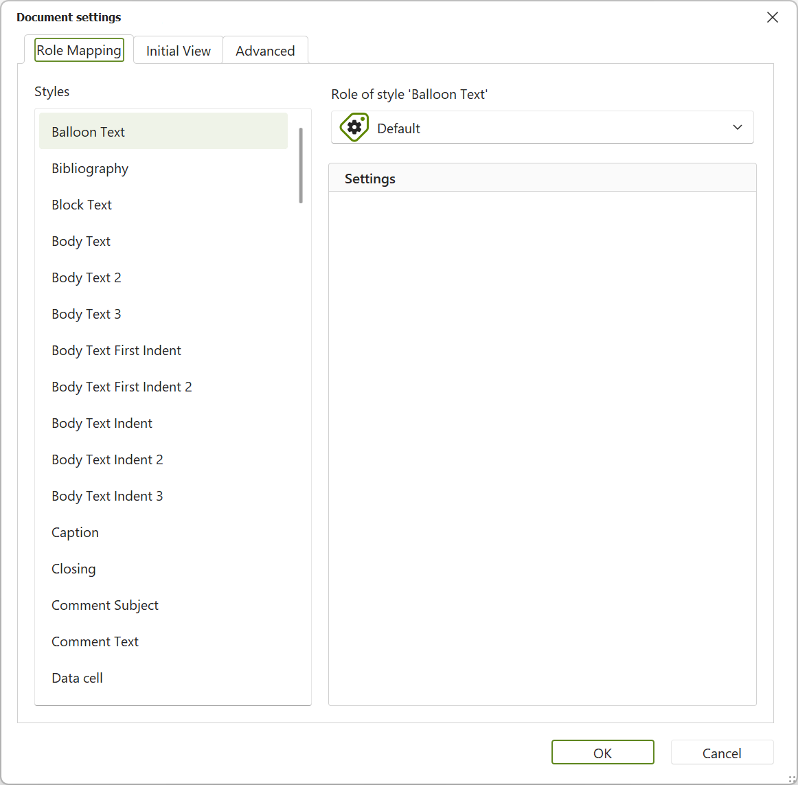 Dialog box: Document Settings
