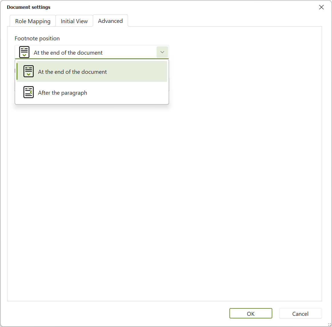 Dialog box: Document Settings; tab 'Advanced', dropdown menu for footnote position is open