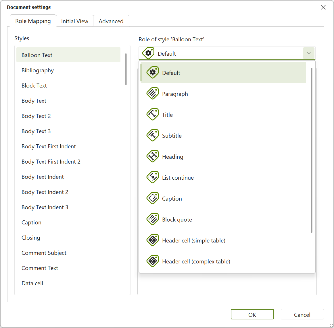 Dialog box: Document Settings; role drop-down open