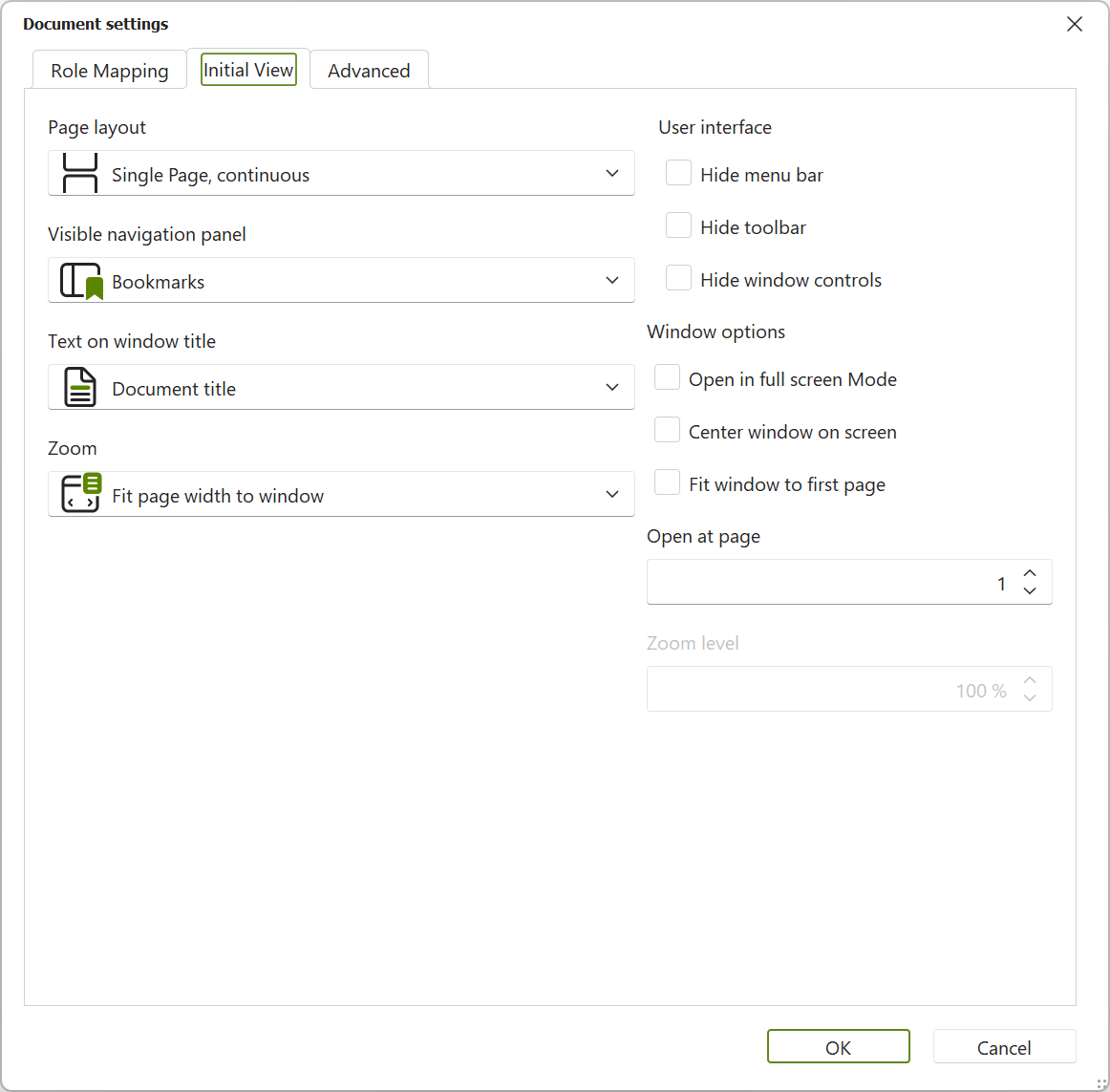 Dialog box: Document Settings; tab 'Initial View'