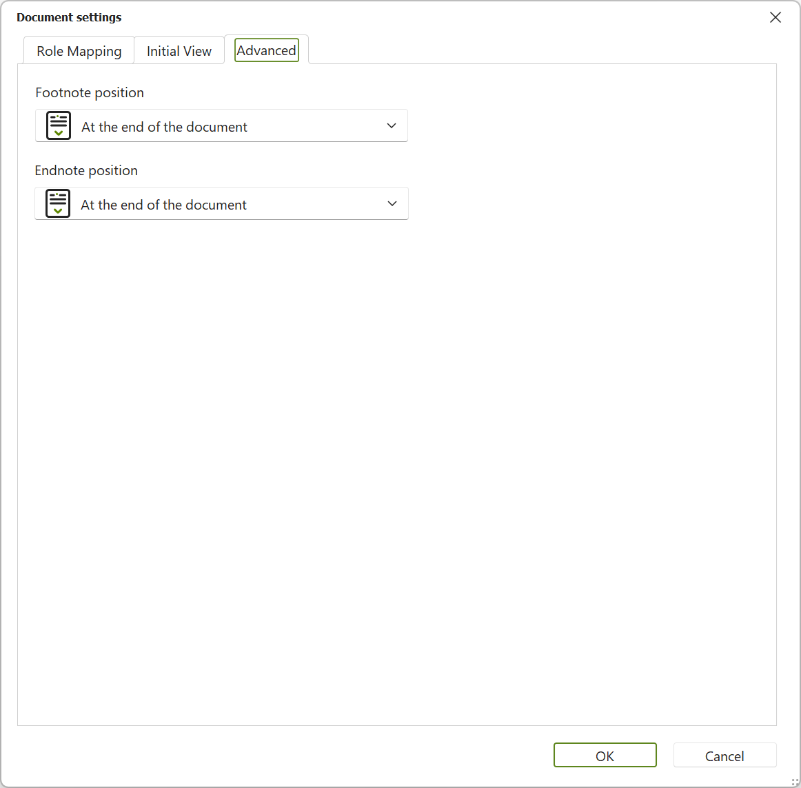 Dialog box: Document Settings; tab 'Advanced'
