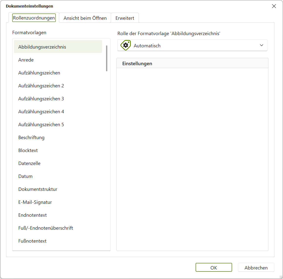 Dialogfenster: Dokumenteinstellungen