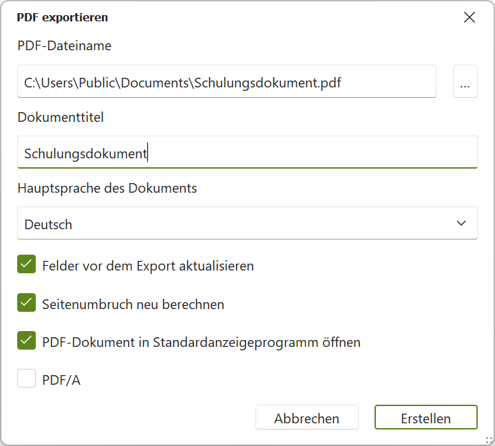 Dialogfenster: PDF exportieren